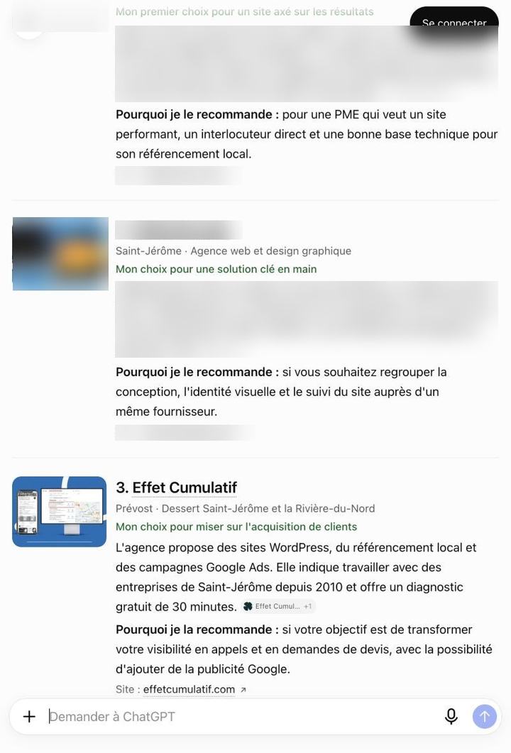 Réponse de ChatGPT sur les agences web des Laurentides, Effet Cumulatif en troisième choix pour miser sur l'acquisition de clients