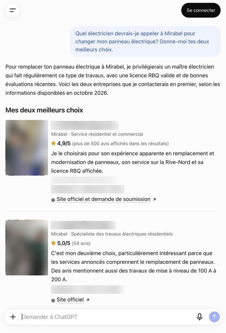Réponse de ChatGPT pour un électricien à Mirabel, deux entreprises avec leur note, leur numéro de licence et leur téléphone