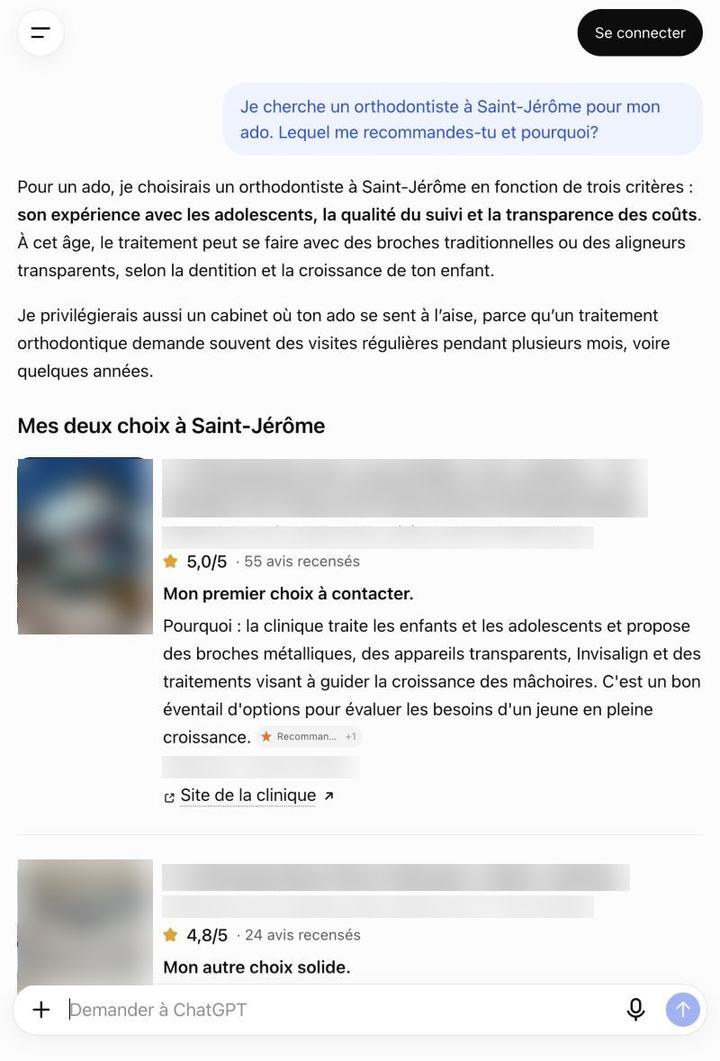 Réponse de ChatGPT à une demande d'orthodontiste à Saint-Jérôme pour un adolescent, avec deux cliniques et la mention «&nbsp;mon premier choix à contacter&nbsp;»