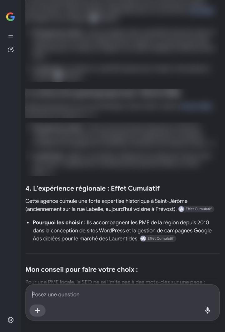 Réponse du mode IA de Google sur les agences web des Laurentides, Effet Cumulatif en quatrième sous le titre l'expérience régionale