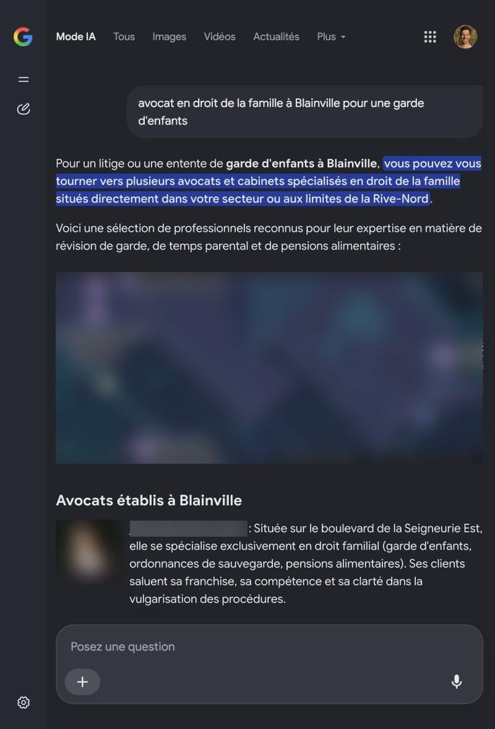 Réponse du mode IA de Google pour un avocat en droit de la famille à Blainville, avec une carte et des avocats décrits à partir de leur site