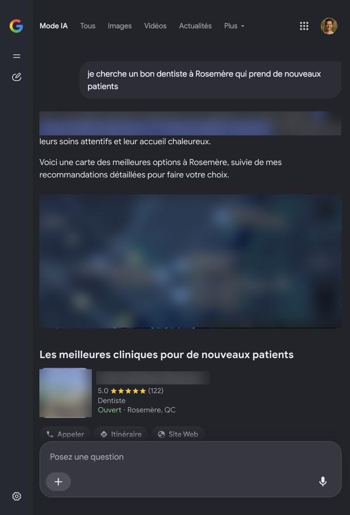 Réponse du mode IA de Google à la question «&nbsp;je cherche un bon dentiste à Rosemère qui prend de nouveaux patients&nbsp;», avec deux cliniques nommées dès la première phrase