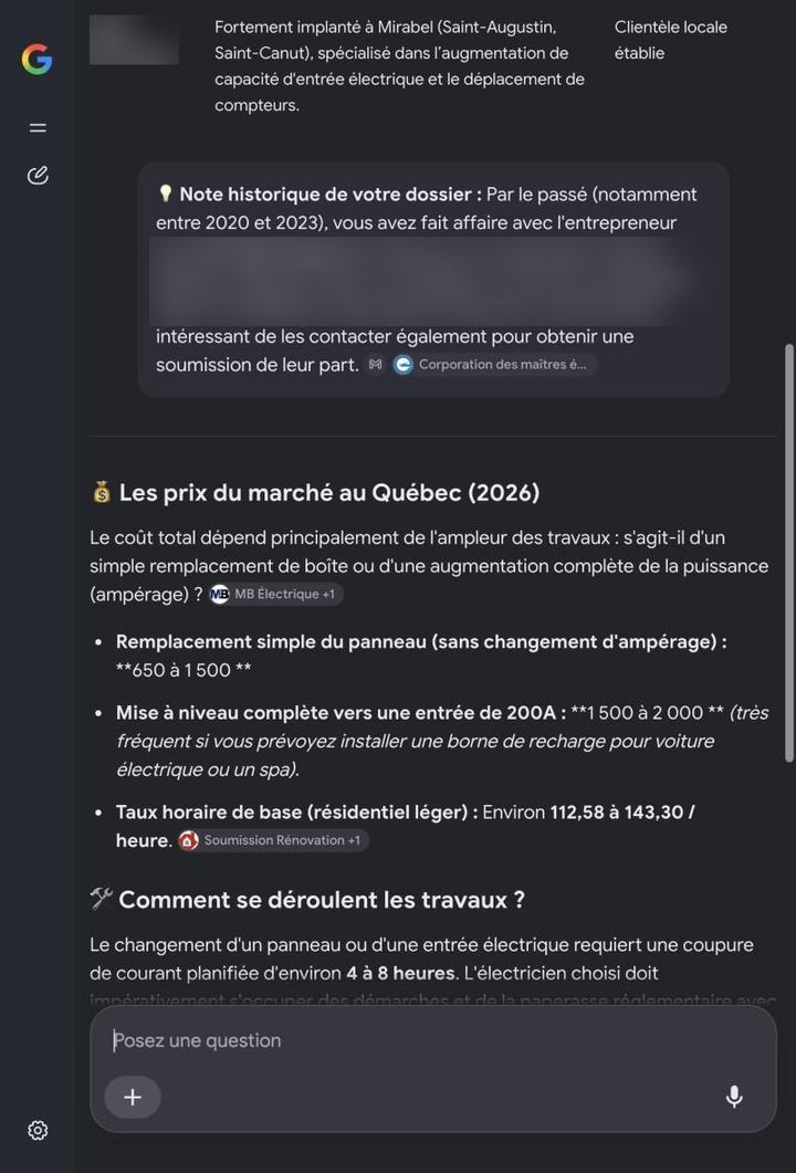 Réponse personnalisée du mode IA de Google qui ajoute une «&nbsp;note historique de votre dossier&nbsp;» à partir des courriels de l'utilisateur